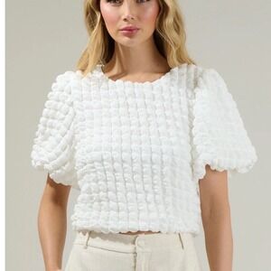 Kori XL Bubble Textured Top Puff Sleeve Blouse Trendy White NWT
